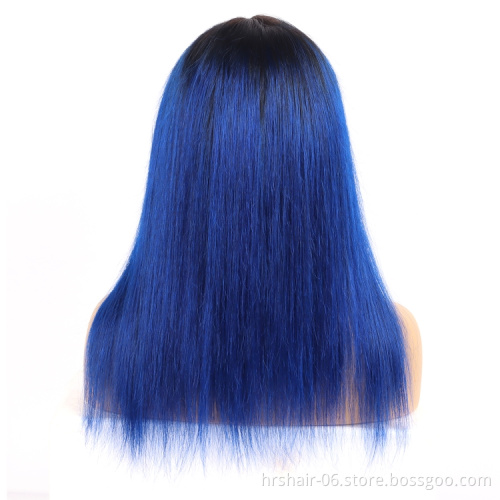 100% human hair T1B/Blue Color Brazilian Remy hair wigs with Bangs Full Machine Made Wigs no Lace wigs For Women